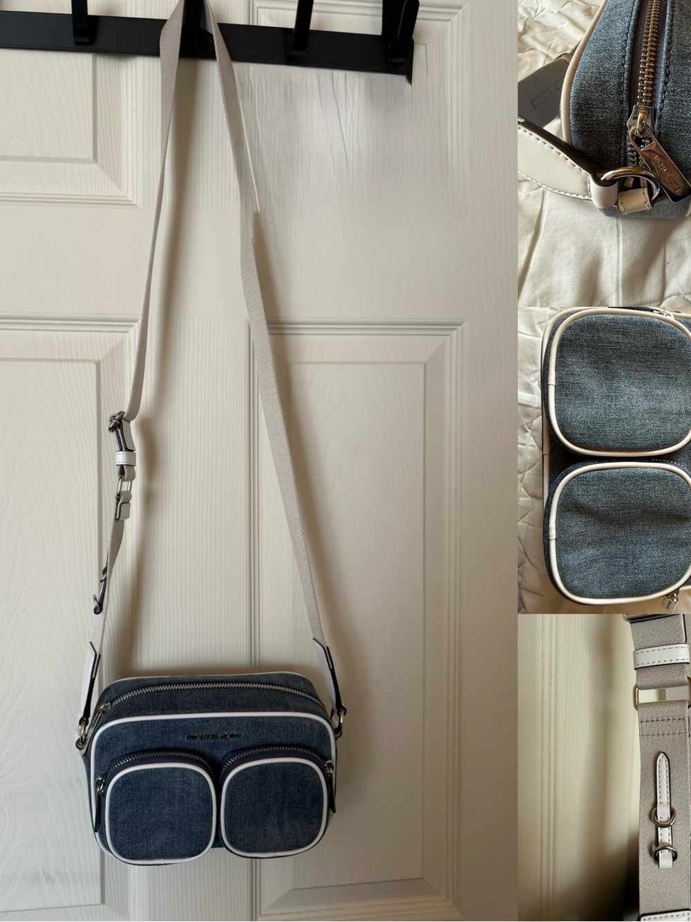 Michael Kors Blue Denim Crossbody Messenger Bag with White Trim